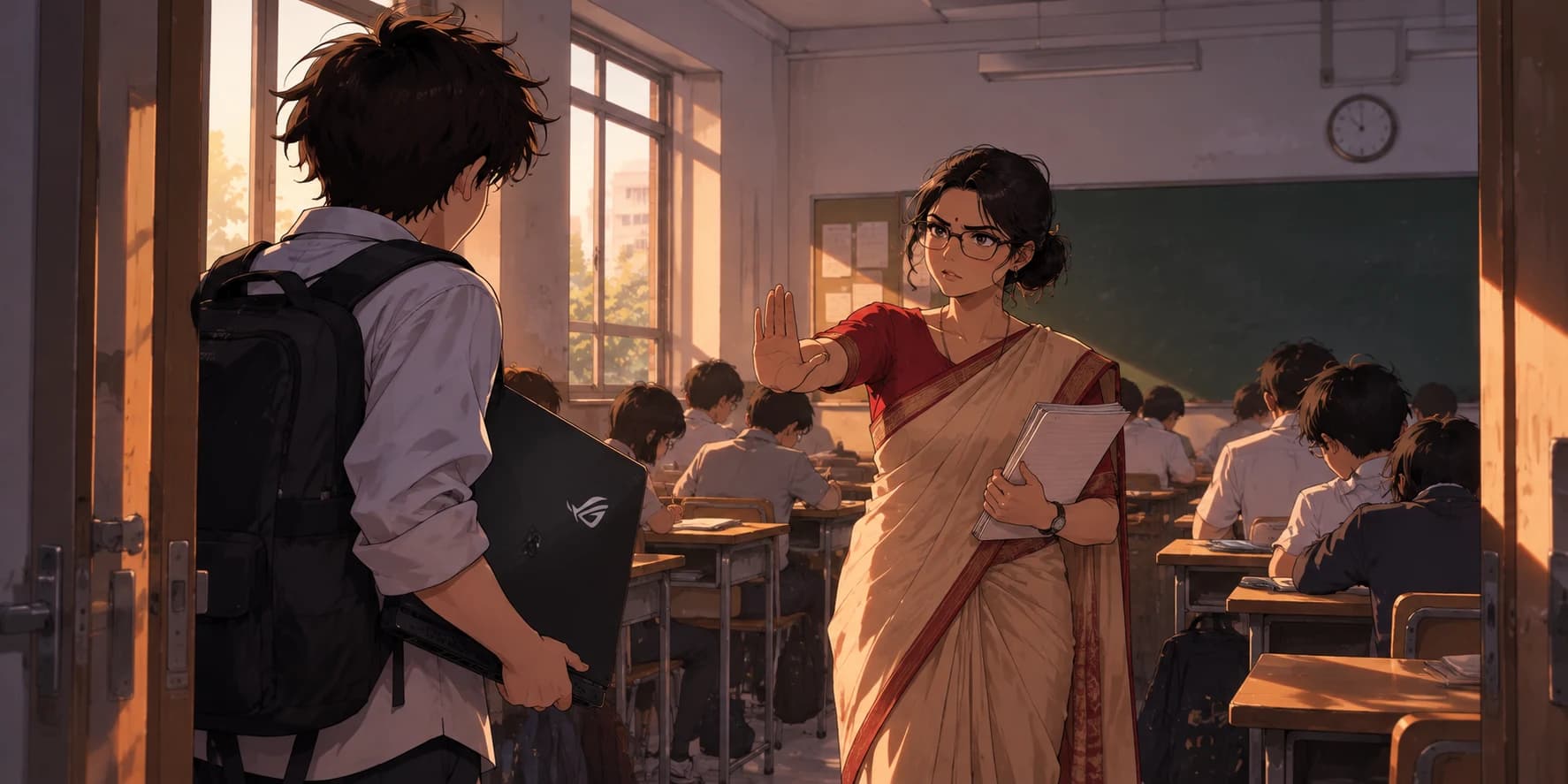 Concept illustration of a student with a gaming laptop speaking with a teacher in a classroom
