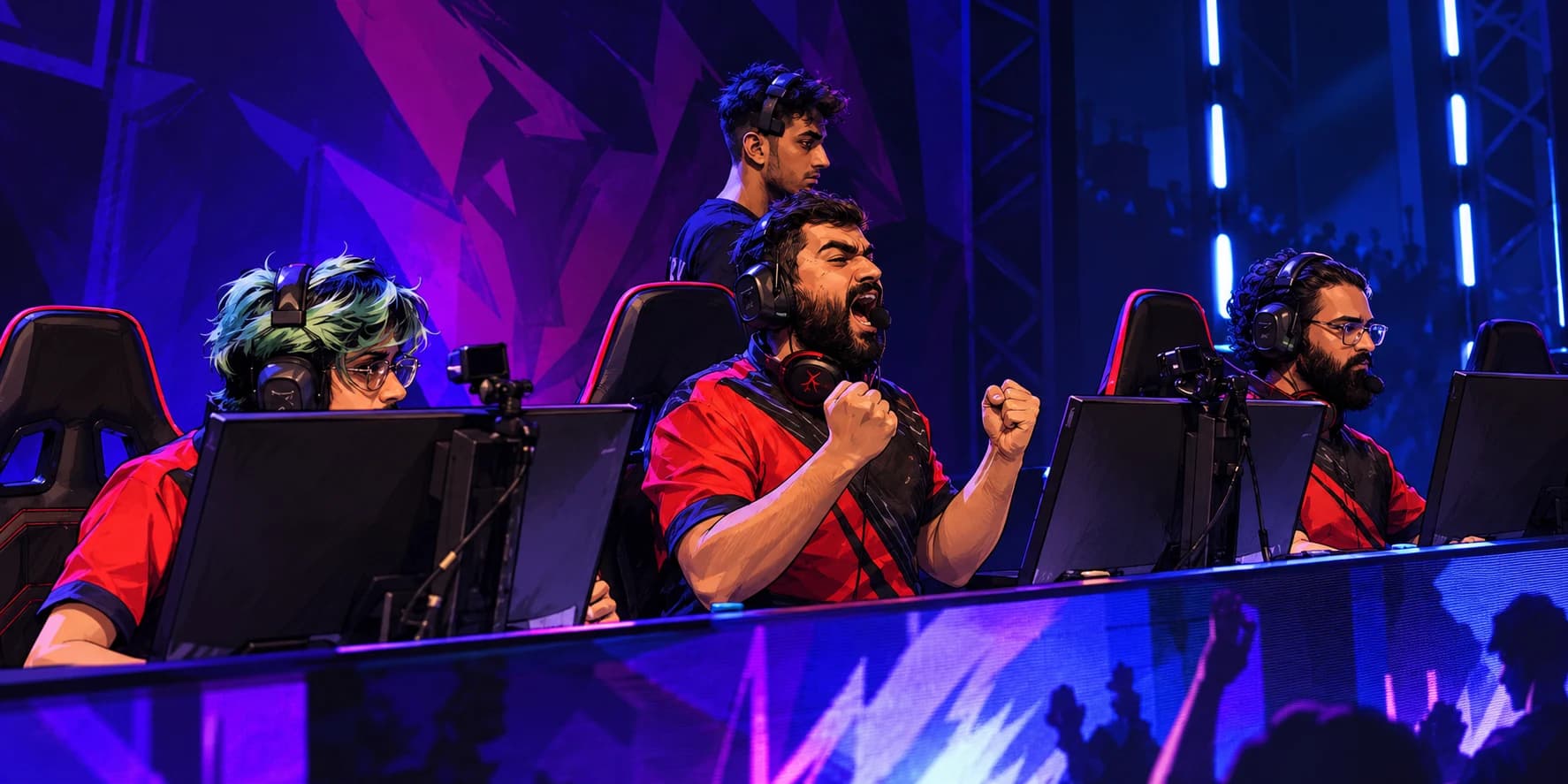 Illustration of PC esports teammates celebrating under blue and purple stage lights