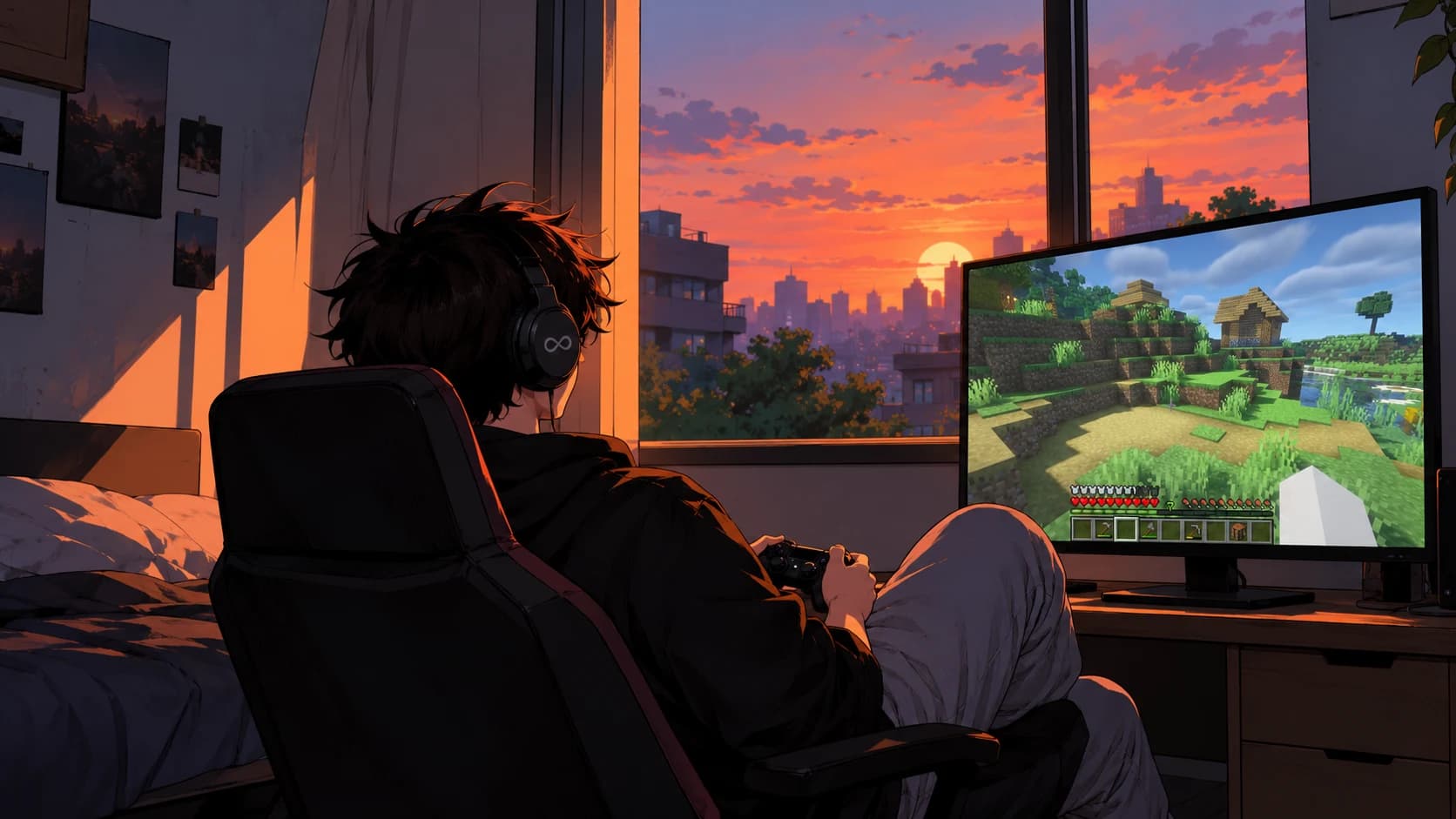 Illustration of a player enjoying Minecraft in a quiet room at sunset