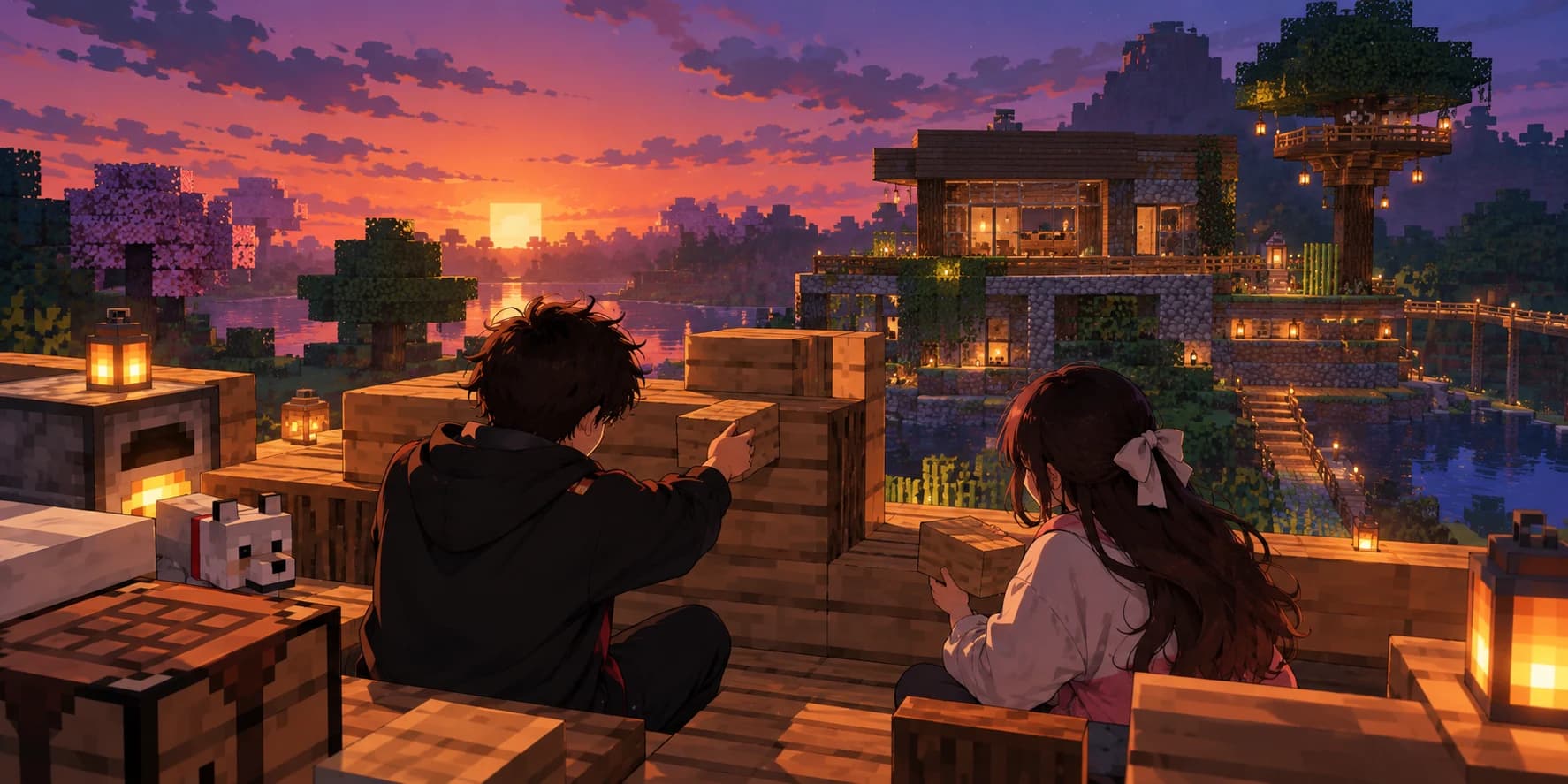 Illustration of two friends building together in a lantern-lit Minecraft world at sunset