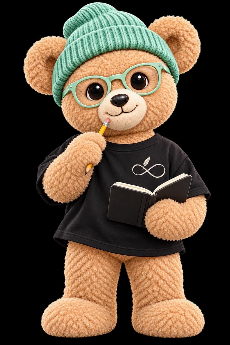 INFIRALS learning teddy with clear glasses, an open notebook and pencil, wearing the embroidered brand logo.
