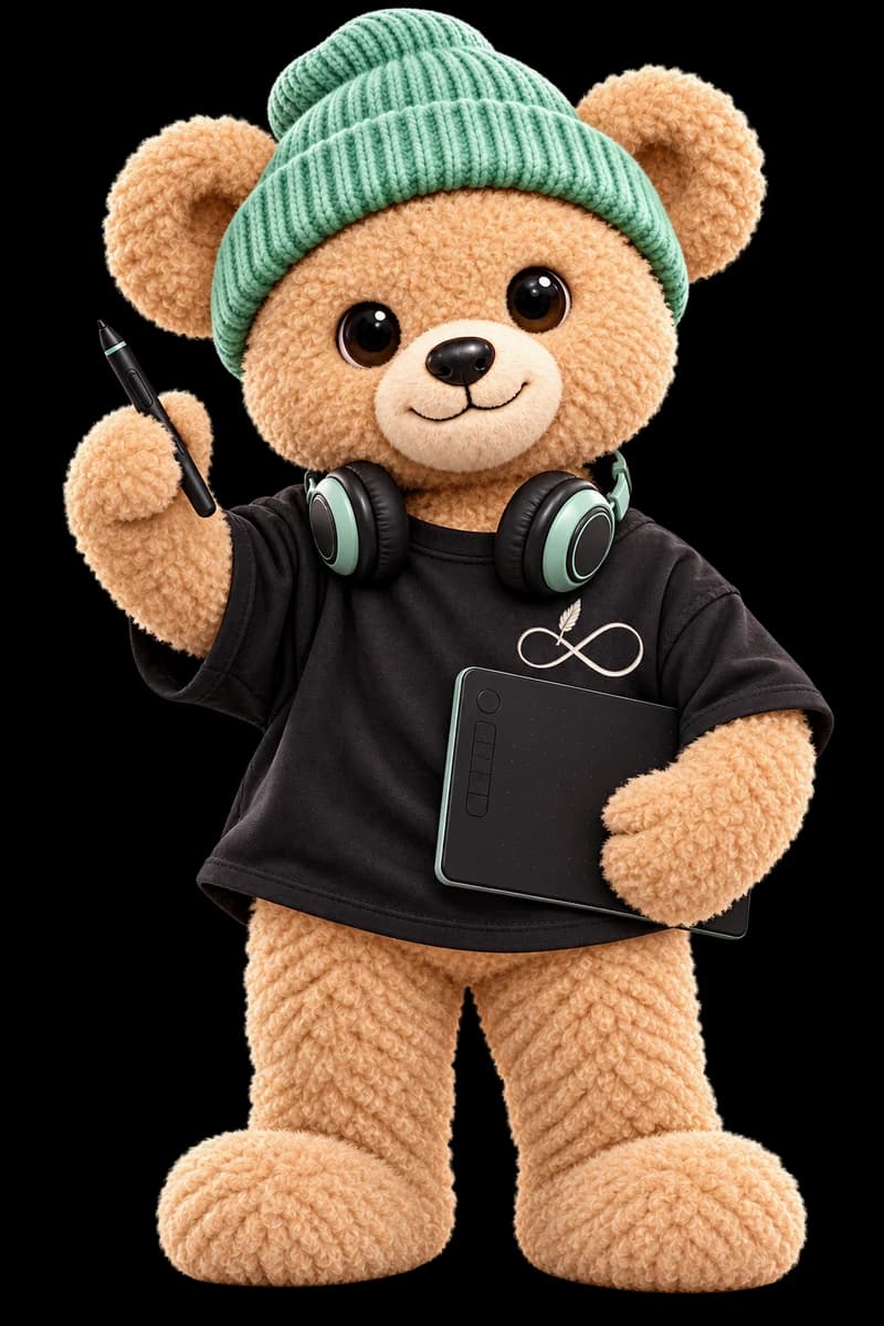 INFIRALS creative teddy with headphones, drawing tablet and stylus, wearing the embroidered brand logo.