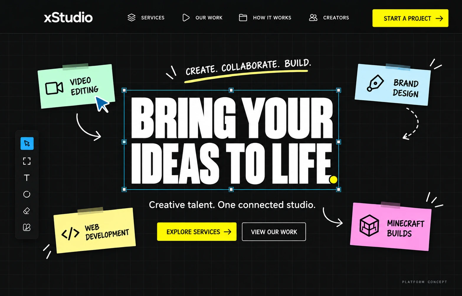 xStudio creative-services concept for editing, brand design, development and Minecraft builds